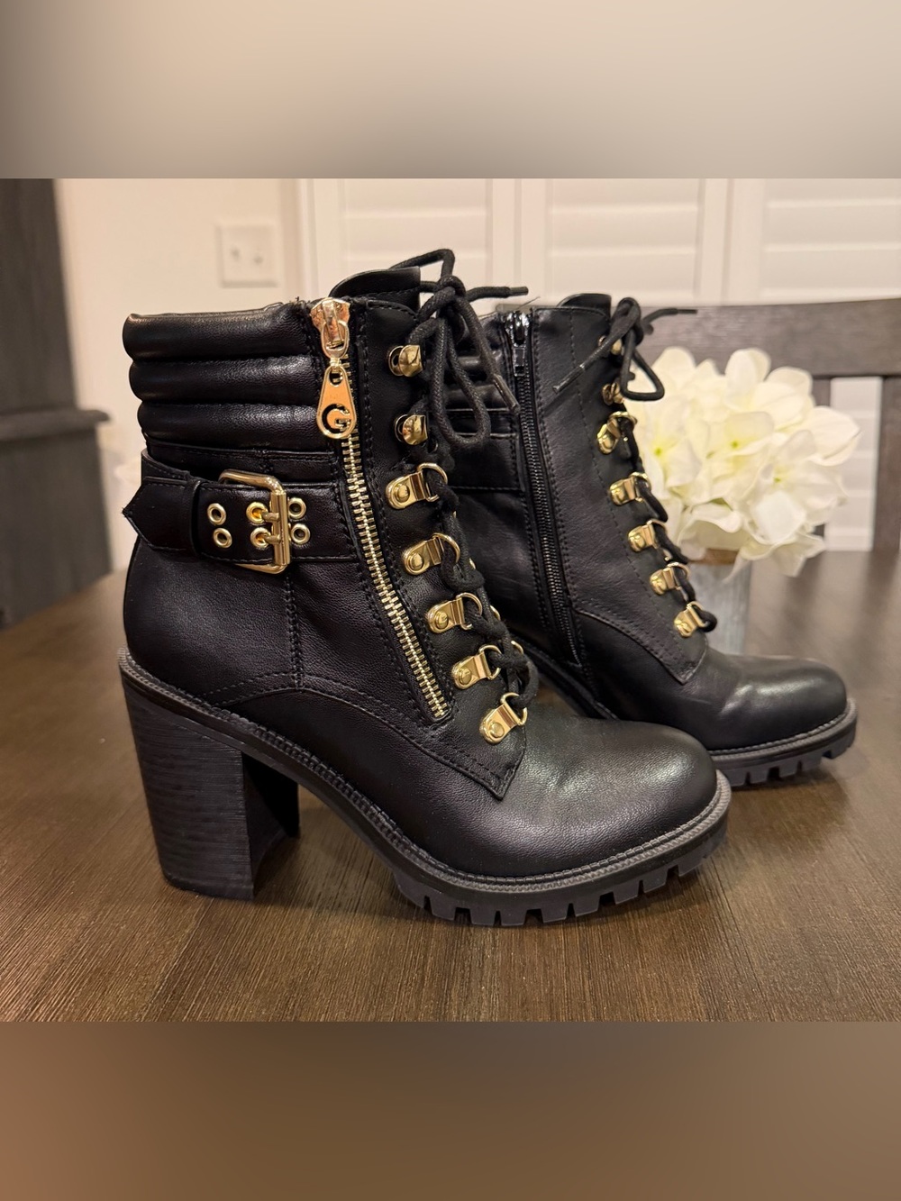 GBG Los Angeles Jaylee Heeled Combat Boots - Black/Gold - Size 6M